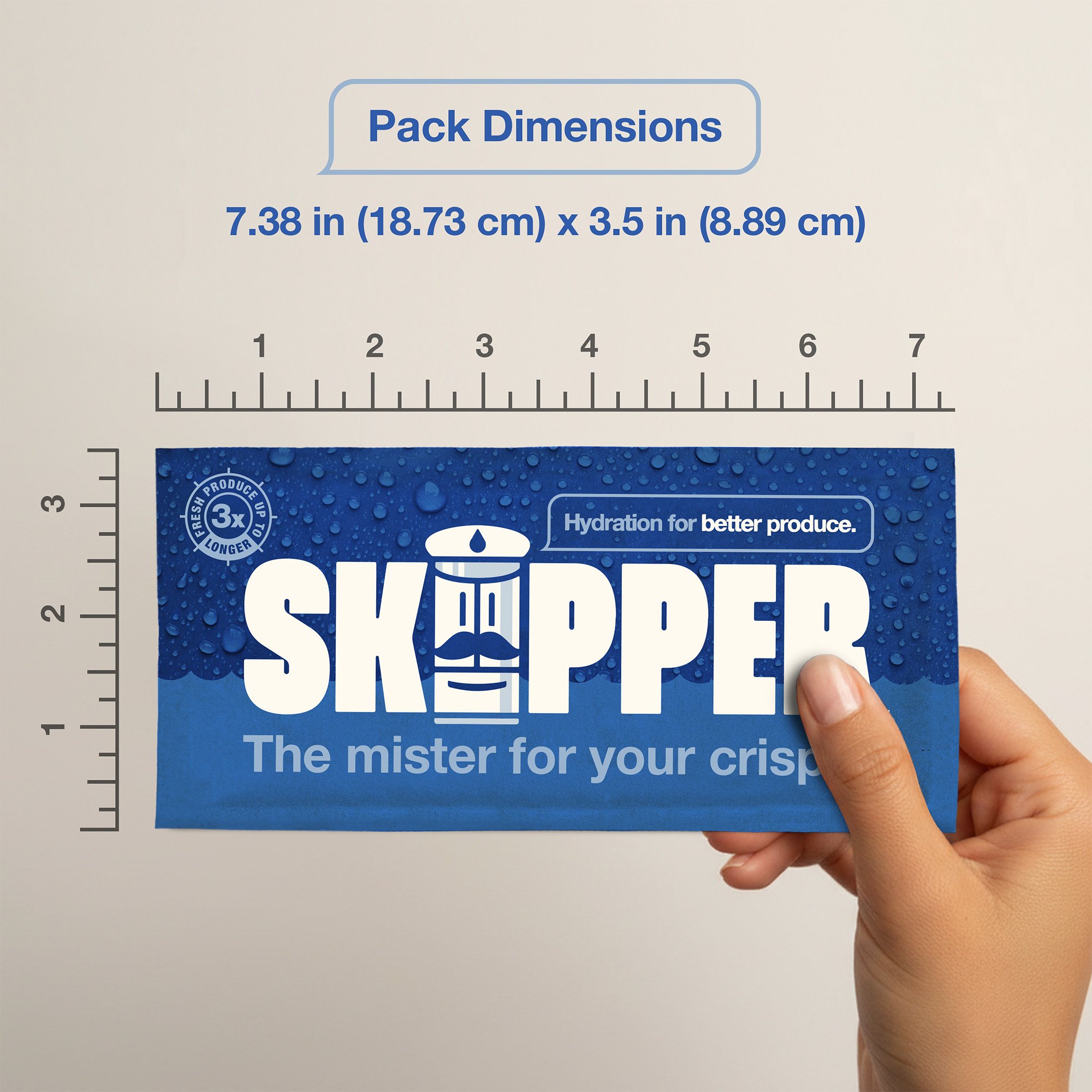 A skipper pack showing size dimensions