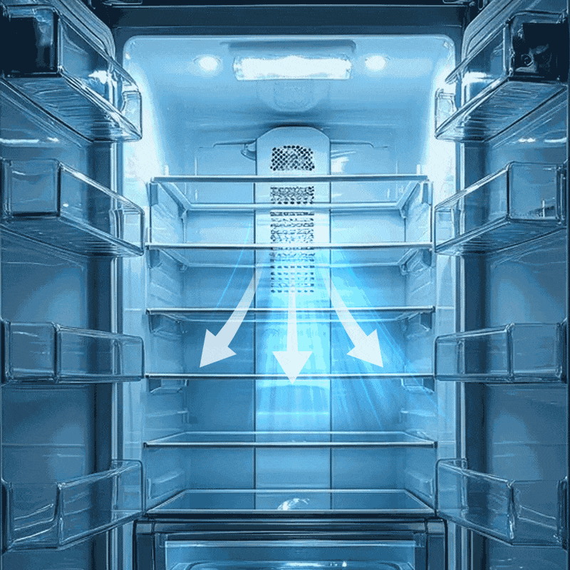 Animation of cold air being emitted from a fridges interior fan